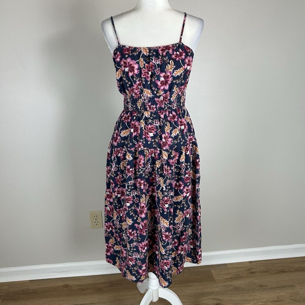 Old Navy Womens Dress Small Blue Pink Floral Linen Blend Midi Sleeveless Peasant